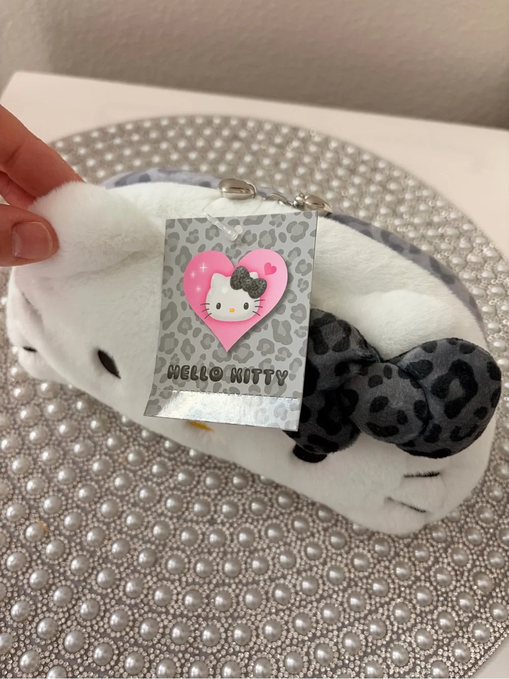 Sanrio Hello Kitty White Cosmetic Bag with Gray Leopard Bow